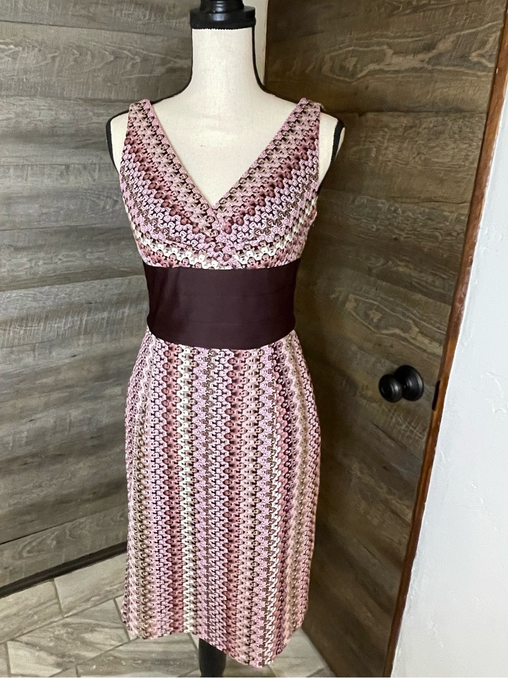 Kay Unger Beautiful Knit Pink Brown Knit Bustier Dress Size 8